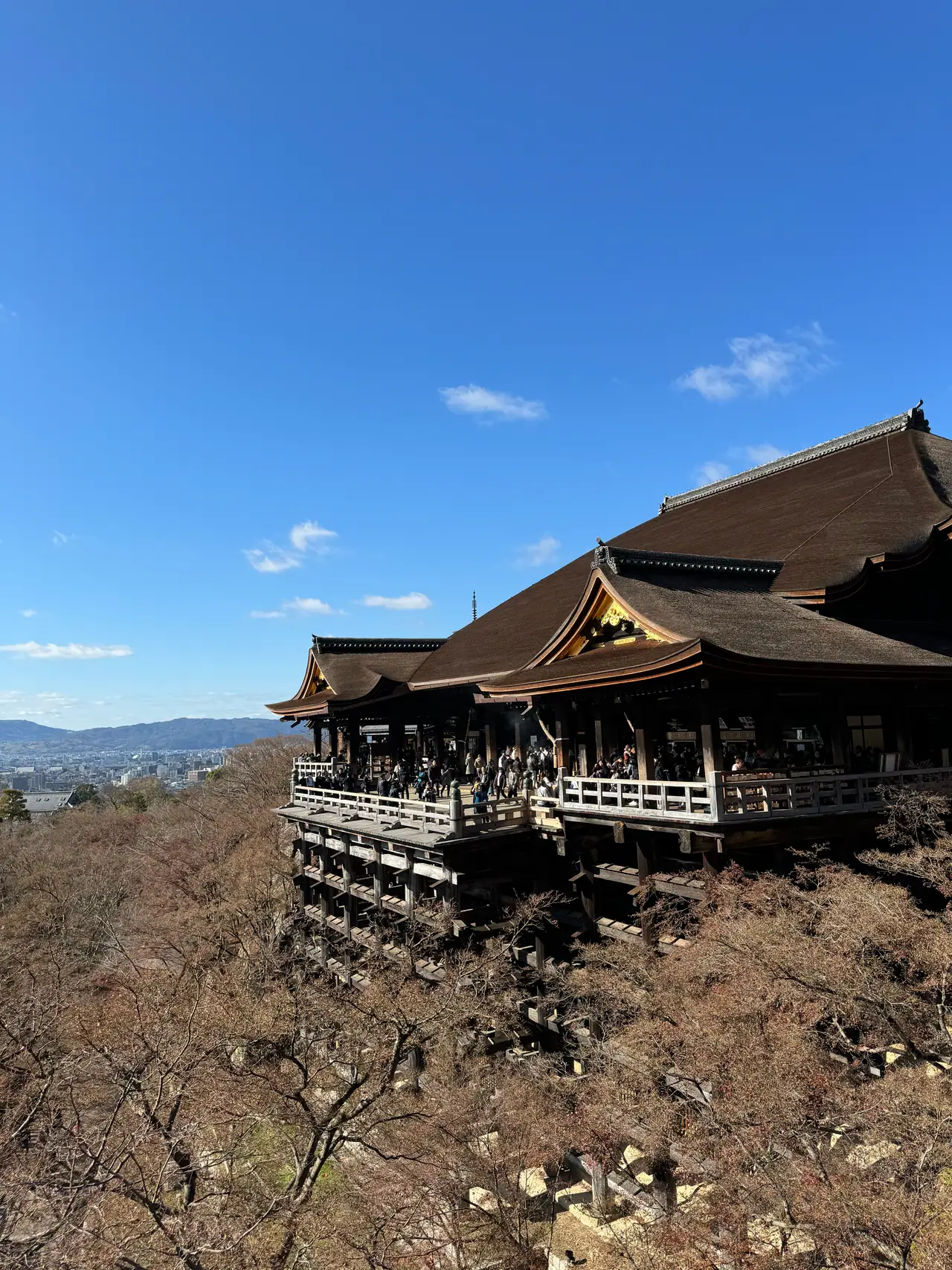 The wooden stage of Kiyomizu-dera stands on tall timber pillars above a bare winter hillside.