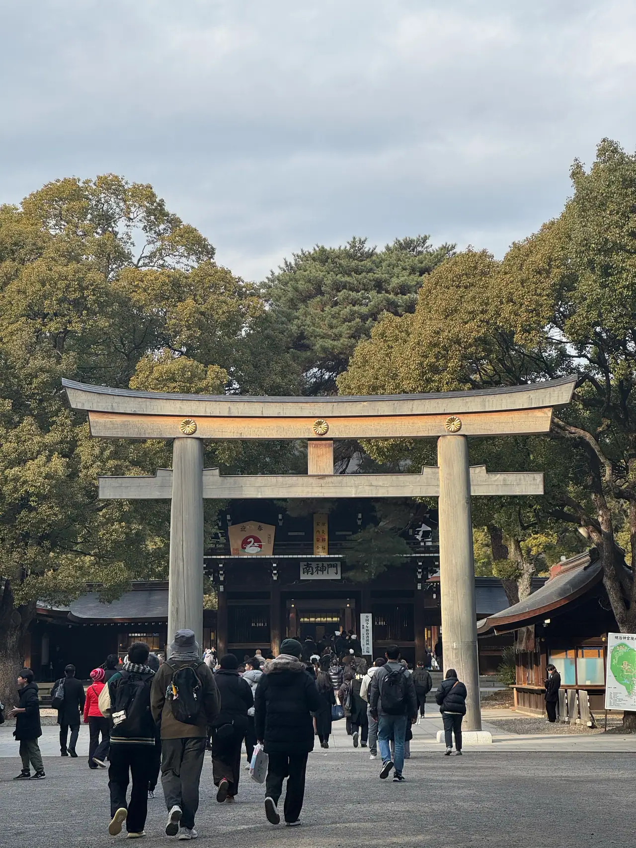 Visitors walk toward a tall wooden torii standing among winter trees.
