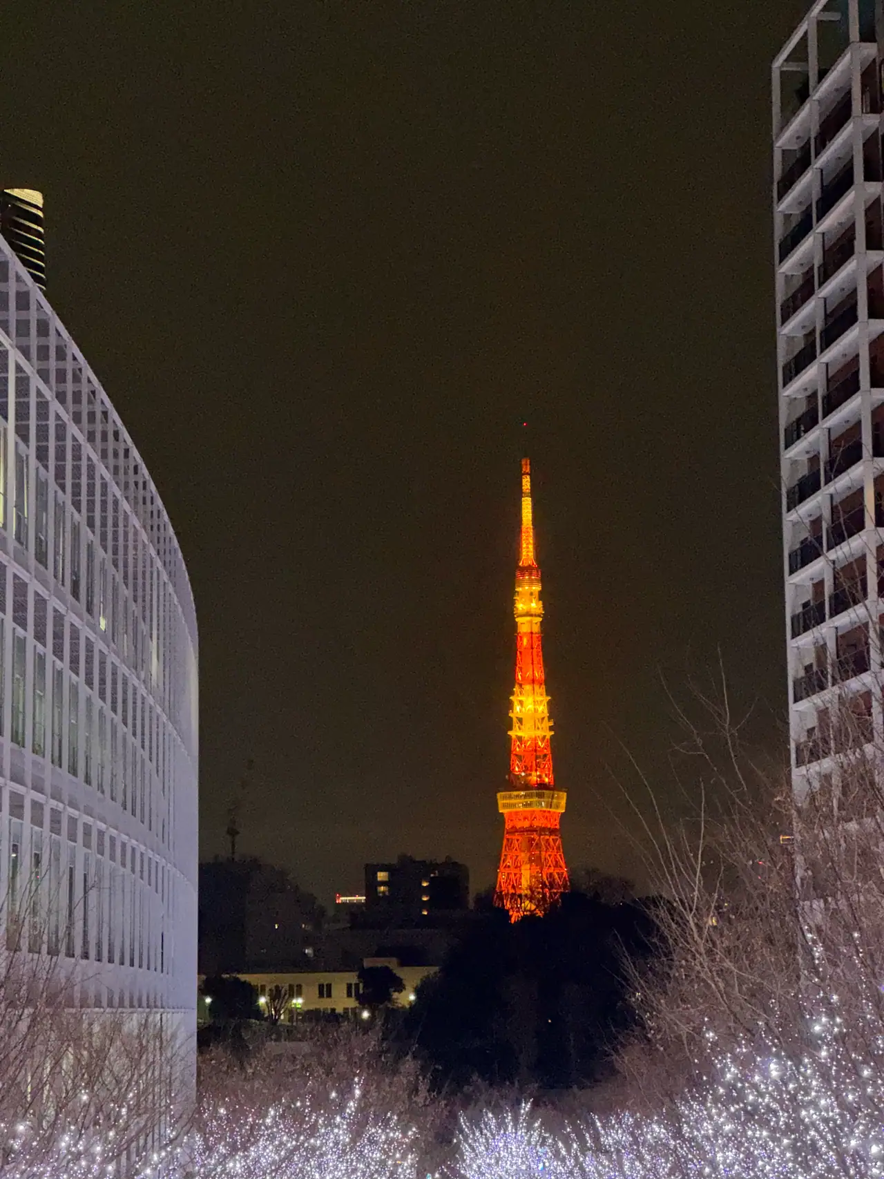 Tokyo Tower glows orange at night in a narrow gap between two dark buildings.