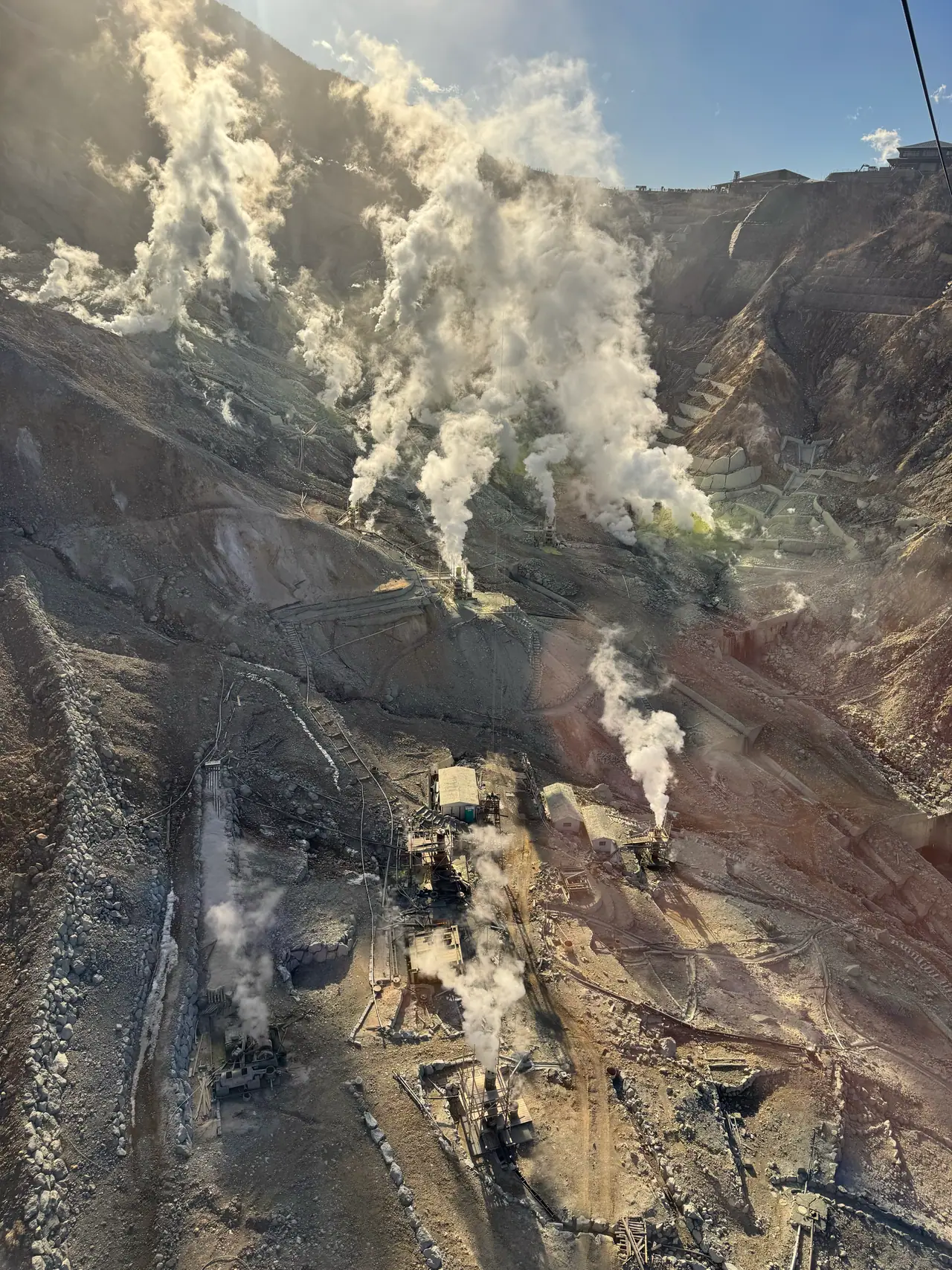 White steam pours from sulphur vents across a bare, rust-coloured volcanic slope.